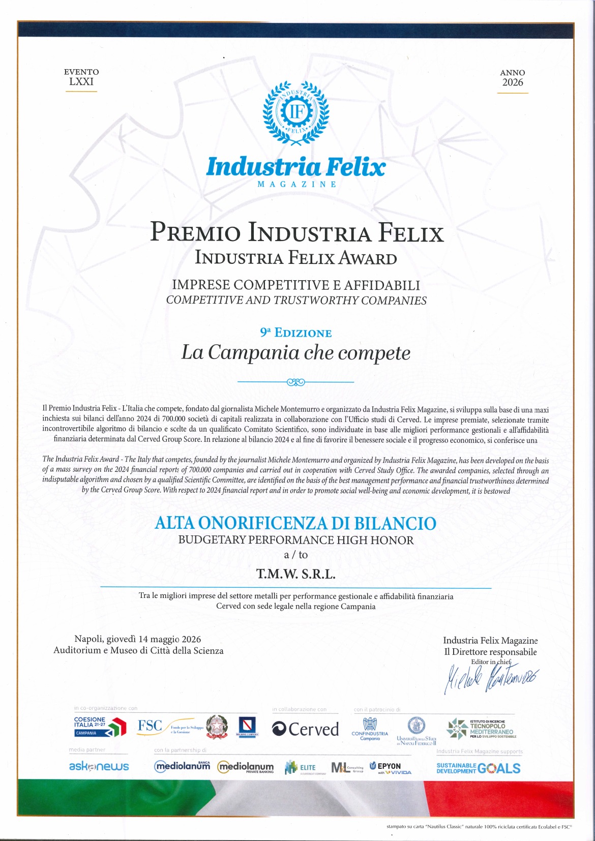 Alta Onorificenza di Bilancio — Premio Industria Felix, Anno 2026