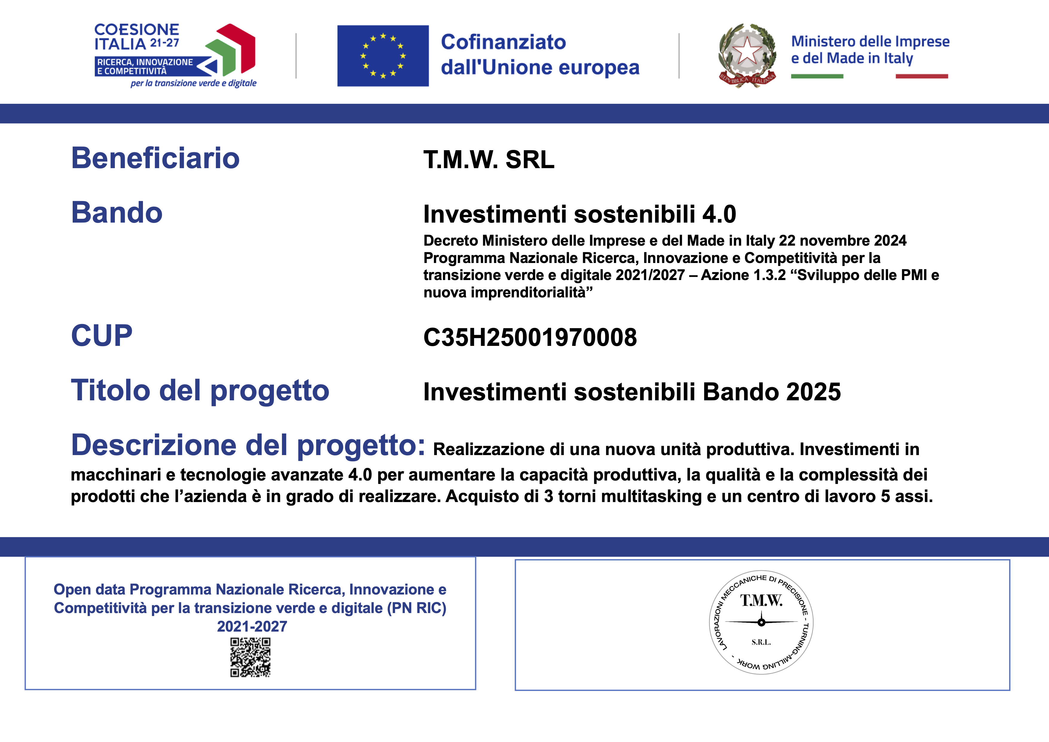Cartella informativa del bando Investimenti sostenibili 4.0 — T.M.W. S.r.l. (PN RIC 2021-2027, CUP C35H25001970008)